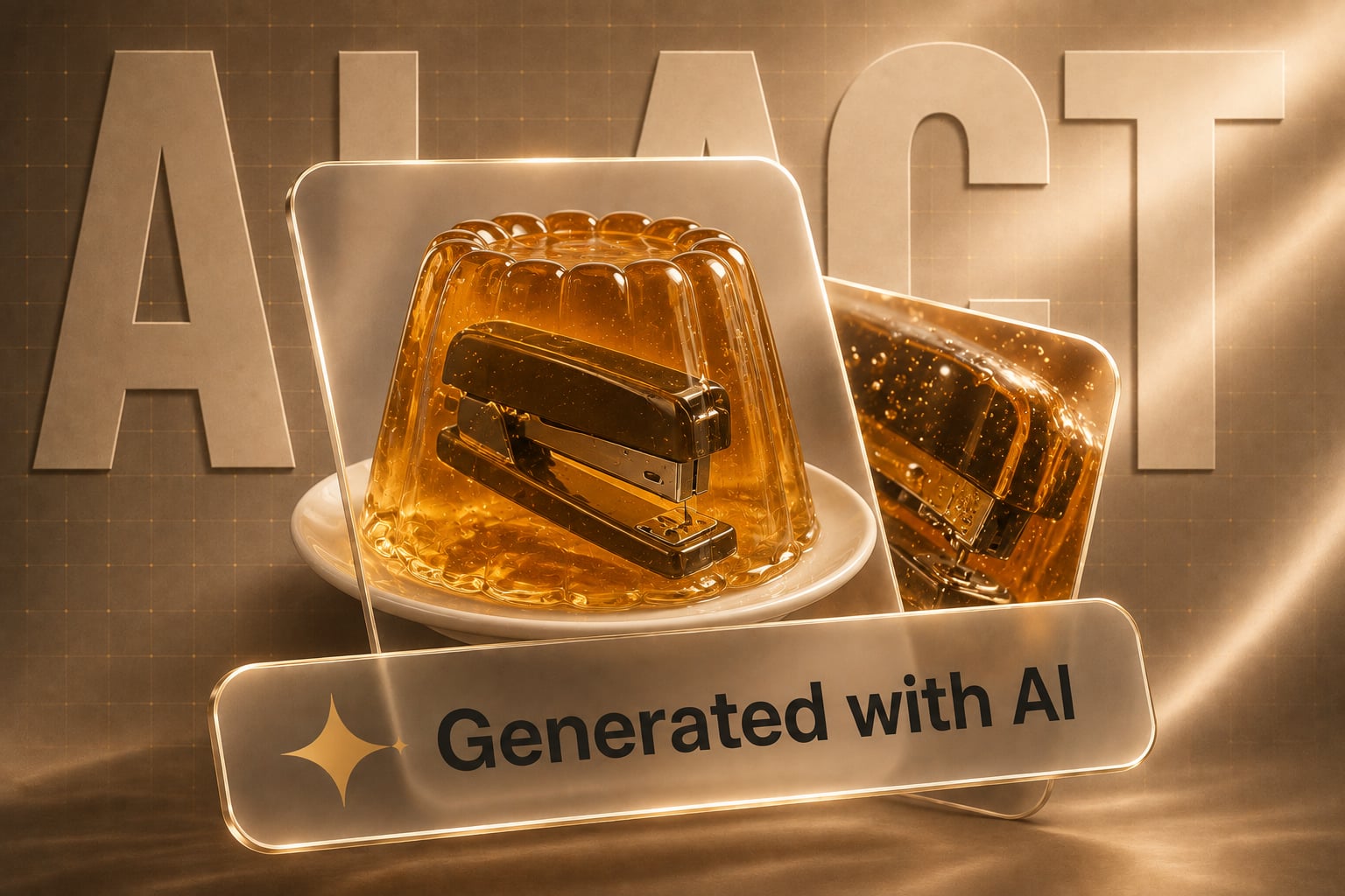 AI-generated graphic: an office stapler encased in amber jello on a plate, with AI ACT lettering behind and a Generated with AI badge