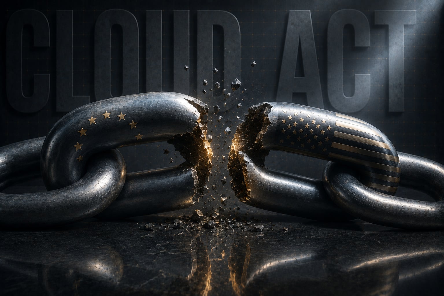 AI-generated graphic: two steel chain links, one with EU stars and one with the US flag, breaking apart; CLOUD ACT lettering behind